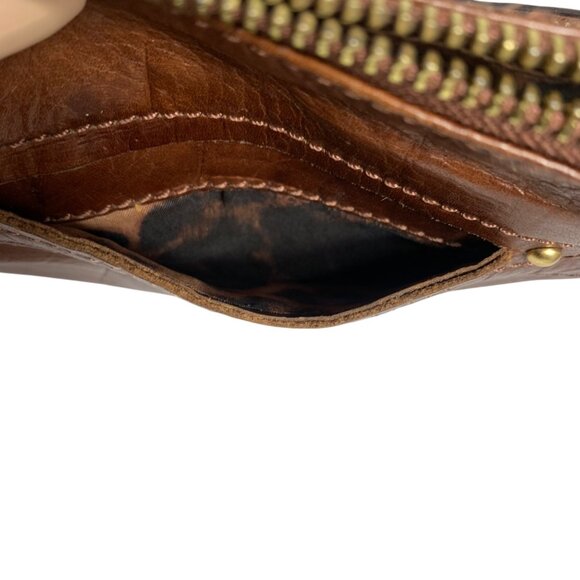 B MAKOWSKY Brown Leather Crossbody Handbag w/ Texture Gold Safety Pin Zip Pulls - Picture 12 of 16